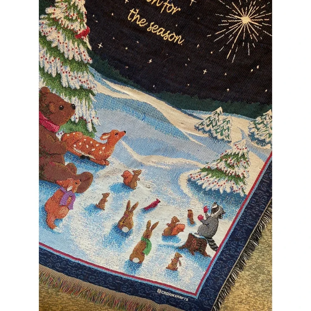 Vintage Crown Crafts Winter Animals‎ Tapestry Blanket 54 X 48 Fringe